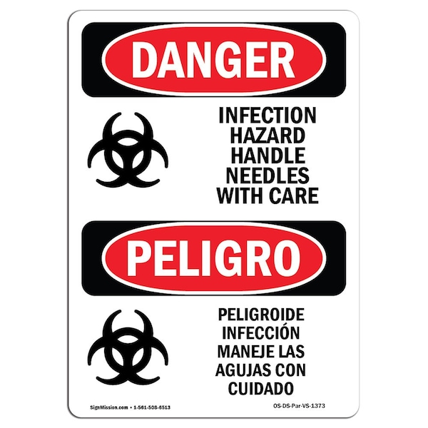 Safety Sign, OSHA, 24" Height, Rigid Plastic, Infection Hazard Handle Needles Spanish